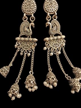 Source Unknown Gold Peacock Dangle Earrings with Pearl Jhumka Drops